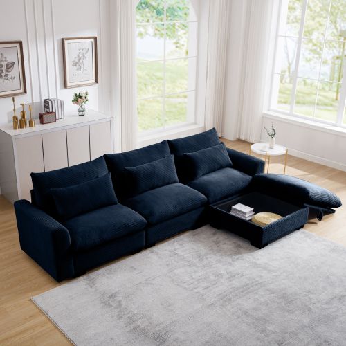 Corduroy Sectional Sofa, L Shaped Couch with Storage Footstool and 3 Pillow, Sectional Couch for Living Room Apartment, Bule Corduroy Sectional Sofa, L Shaped Couch with Storage Footstool and 3 Pillow, Sectional Couch for Living Room Apartment, Bule