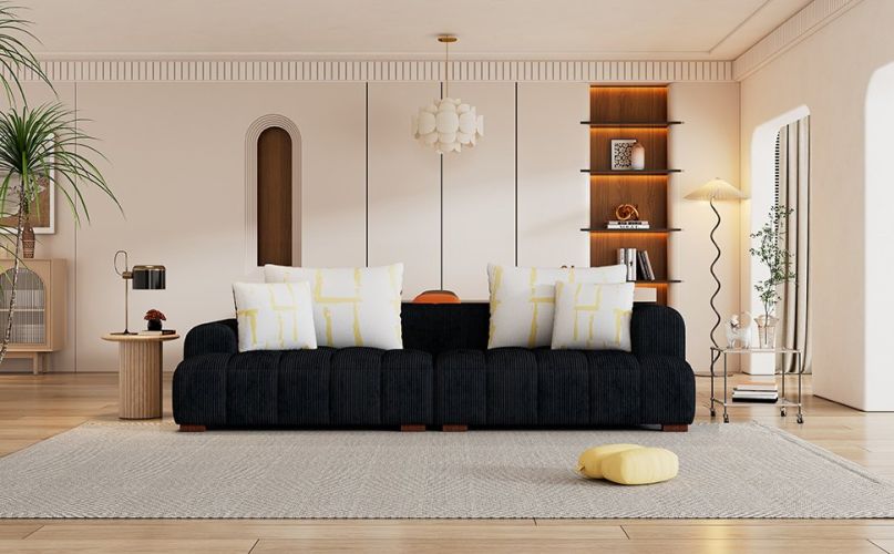 103.9" Modern Couch Corduroy Fabric Comfy Sofa with Rubber Wood Legs, 4 Pillows for Living Room, Bedroom, Office, Black 103.9" Modern Couch Corduroy Fabric Comfy Sofa with Rubber Wood Legs, 4 Pillows for Living Room, Bedroom, Office, Black
