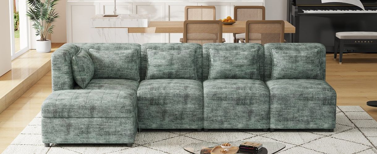 Free-Combined Sectional Sofa 5-seater Modular Couches with Storage Ottoman, 5 Pillows for Living Room, Bedroom, Office, Blue Green Free-Combined Sectional Sofa 5-seater Modular Couches with Storage Ottoman, 5 Pillows for Living Room, Bedroom, Office, Blue Green